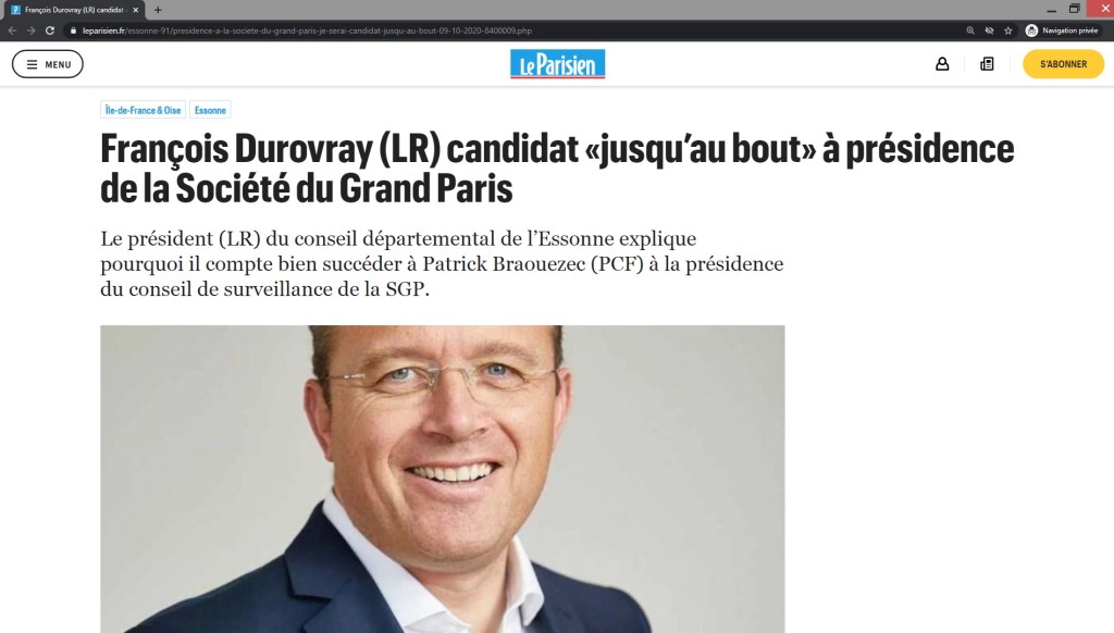 Candidature de François DUROVRAY à la présidence de la SGP : reconversion pour une défaite annoncée aux départementales 2021&nbsp;?