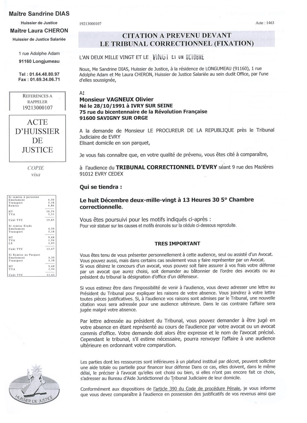 Affaire ROUILLER-FORSANS : Olivier VAGNEUX cité à comparaître le 08 décembre 2020 devant la 5e chambre correctionnelle du Tribunal judiciaire d&rsquo;Évry-Courcouronnes