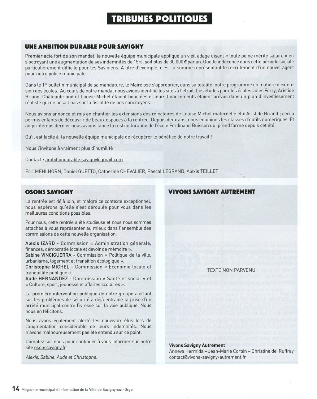 Vivons Savigny Autrement censuré par DEFRÉMONT et COUTINHO en sa tribune du Mag papier n°11 de novembre&nbsp;2020