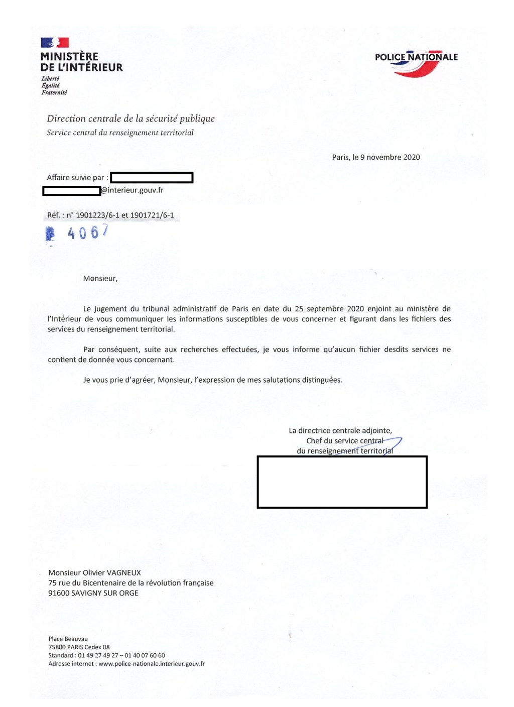 Renseignements : le chef du service central informe ne posséder aucune donnée sur Olivier&nbsp;VAGNEUX