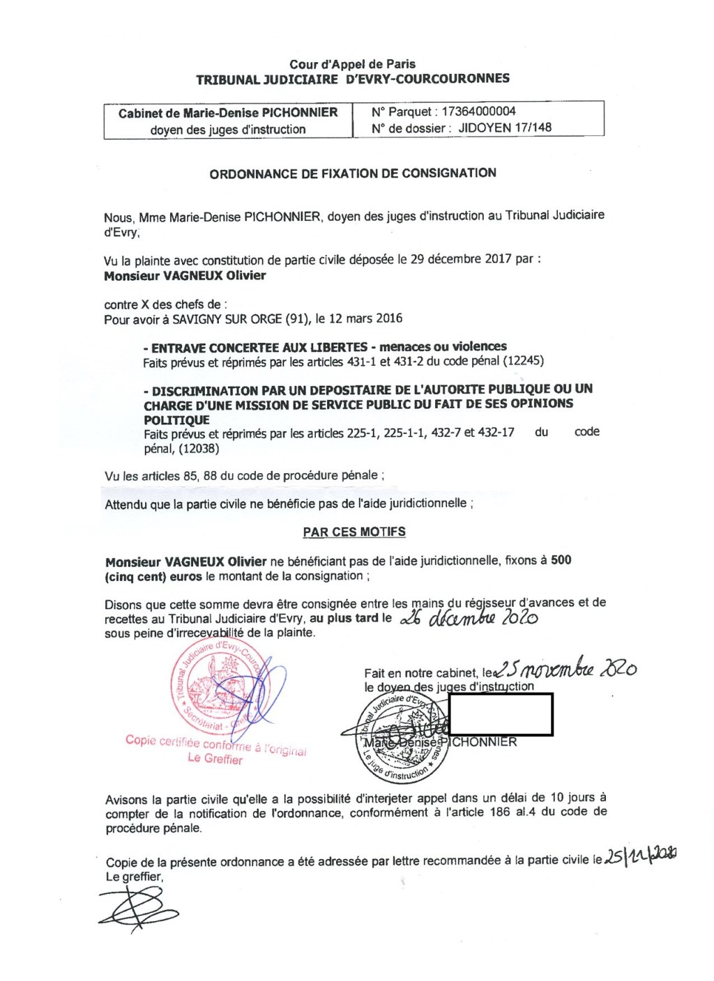 Plainte contre MEHLHORN et DELAMAERE : la juge d&rsquo;instruction va ouvrir une instruction (à la condition que je règle ma&nbsp;consignation)