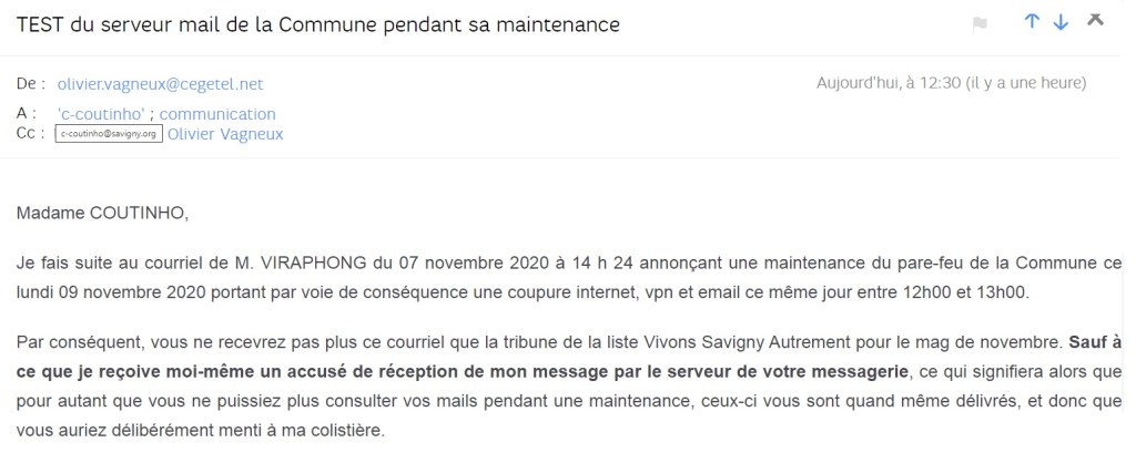 Lettre ouverte à Caroline COUTINHO, à l&rsquo;occasion d&rsquo;un test du serveur mail de la mairie en&nbsp;maintenance