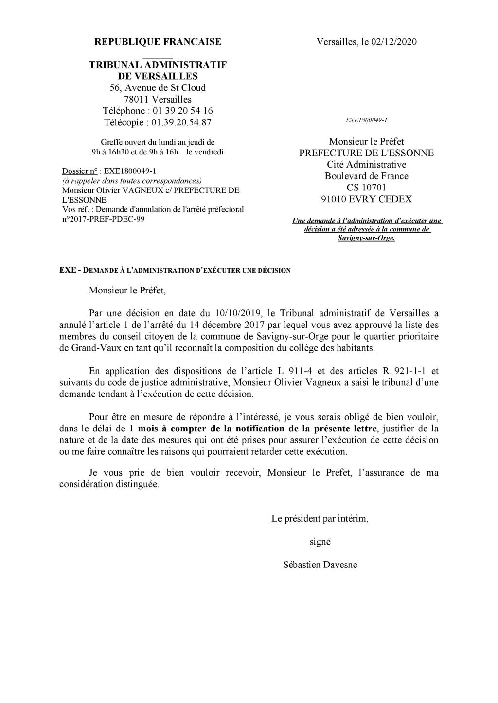 À la suite d&rsquo;une gaffe de Hassan MANSOUR, le Tribunal administratif écrit à DEFRÉMONT et au préfet pour faire exécuter un&nbsp;jugement