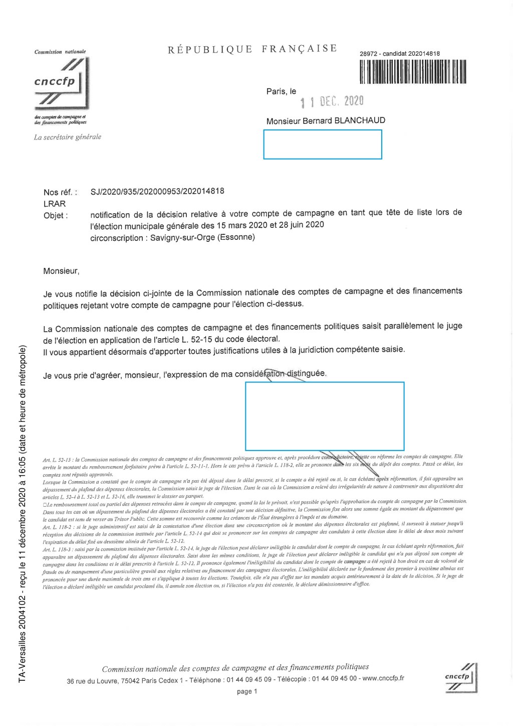 Municipales 2020 à Savigny-sur-Orge : le compte de campagne de Bernard BLANCHAUD rejeté par la Commission des comptes&nbsp;!