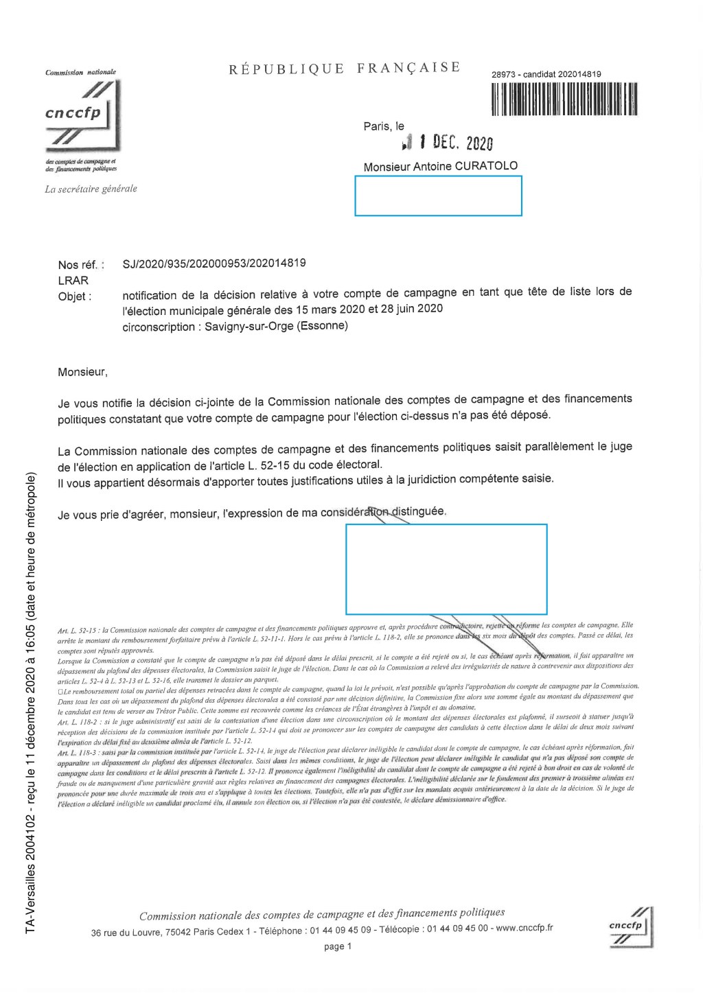 Municipales 2020 à Savigny-sur-Orge : Antoine CURATOLO n’a pas déposé de compte de&nbsp;campagne…