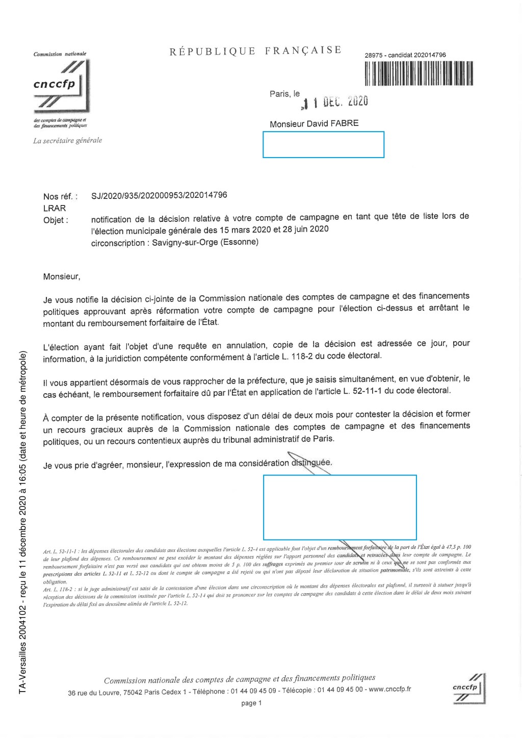 Municipales 2020 à Savigny-sur-Orge : les comptes de campagne de David FABRE approuvés après&nbsp;réformation
