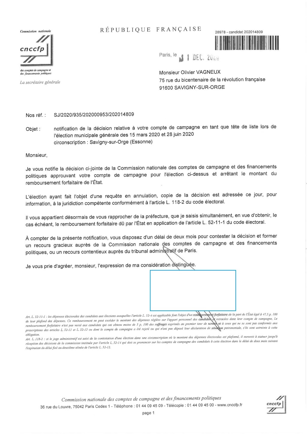 Municipales 2020 à Savigny-sur-Orge : les comptes de campagne d&rsquo;Olivier VAGNEUX intégralement&nbsp;validés