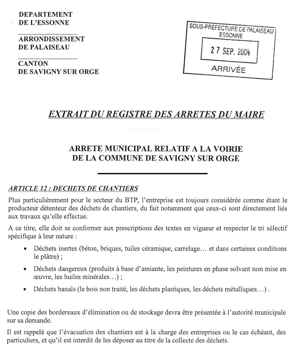 Droit de suite : de la responsabilité du maire de Savigny-sur-Orge dans l&rsquo;évacuation des déchets de&nbsp;chantier