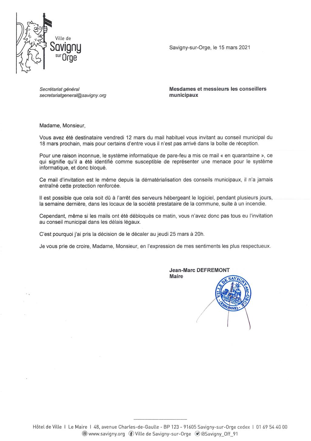 Au-delà du seul report du Conseil municipal de Savigny-sur-Orge du 18 mars&nbsp;2021