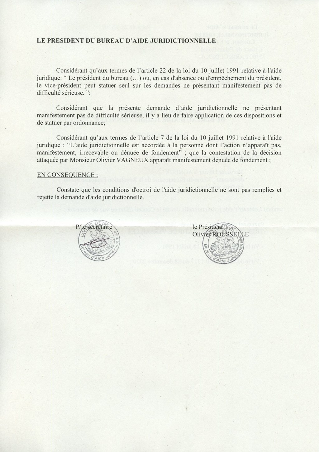 Annulation des municipales 2020 à Savigny-sur-Orge : une erreur matérielle entache les décisions de refus d&rsquo;octroi de l&rsquo;aide juridictionnelle à Olivier&nbsp;VAGNEUX