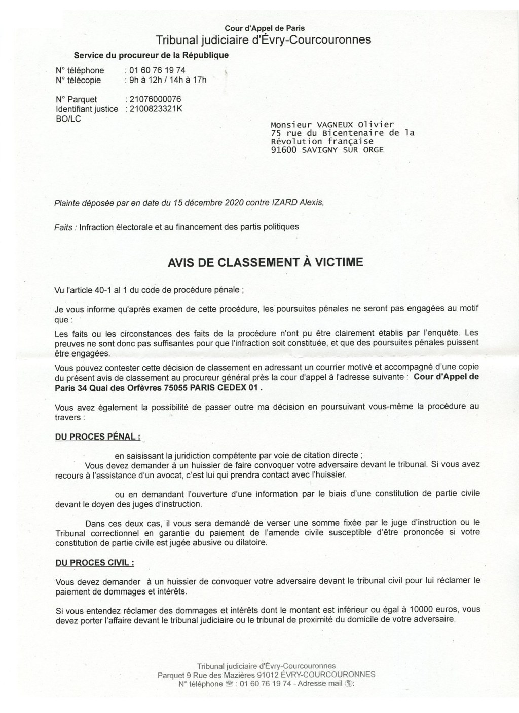 Ma protestation contre le classement sans suite de ma plainte pour fraude électorale contre Alexis&nbsp;IZARD