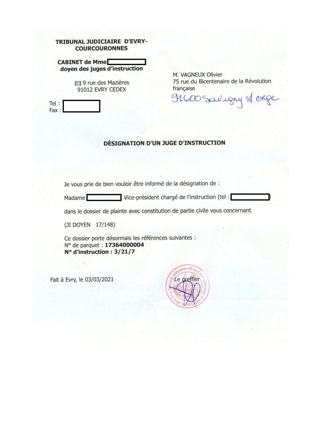 Une juge d&rsquo;instruction désignée dans l&rsquo;affaire de l&rsquo;entrave à la liberté d&rsquo;expression d&rsquo;Olivier VAGNEUX par Éric MEHLHORN et Frédéric&nbsp;DELAMAERE