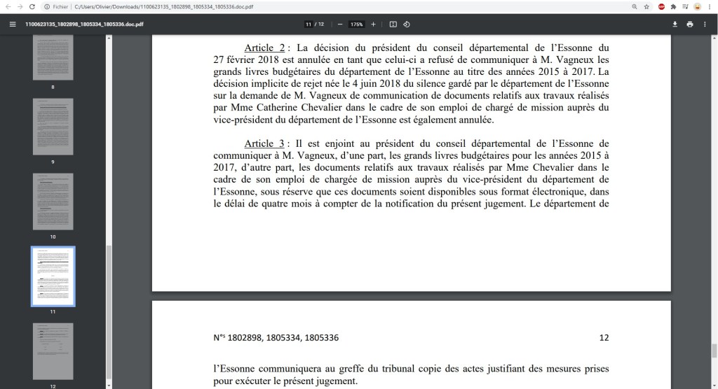 Le Département de l&rsquo;Essonne condamné (en première instance) à communiquer ses grands livres budgétaires et les productions de Catherine&nbsp;CHEVALIER