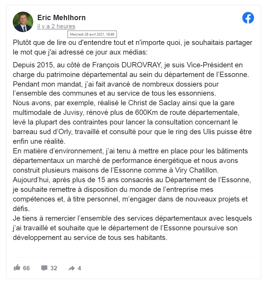 Ce n&rsquo;est pas la politique qui quitte Éric MEHLHORN, c&rsquo;est Éric MEHLHORN qui quitte la politique&nbsp;!