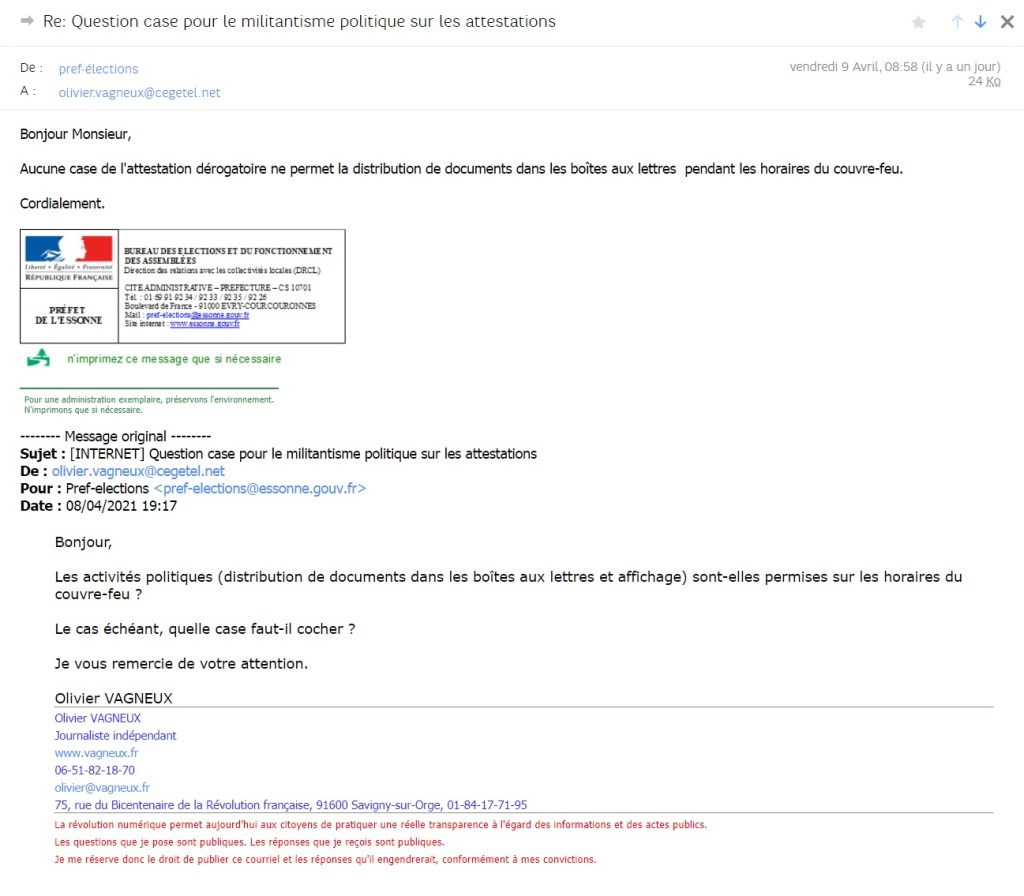 Élections départementales et régionales 2021 : le militantisme politique (distribution de tracts, affichage) n&rsquo;est pas permis pendant le couvre-feu&nbsp;!