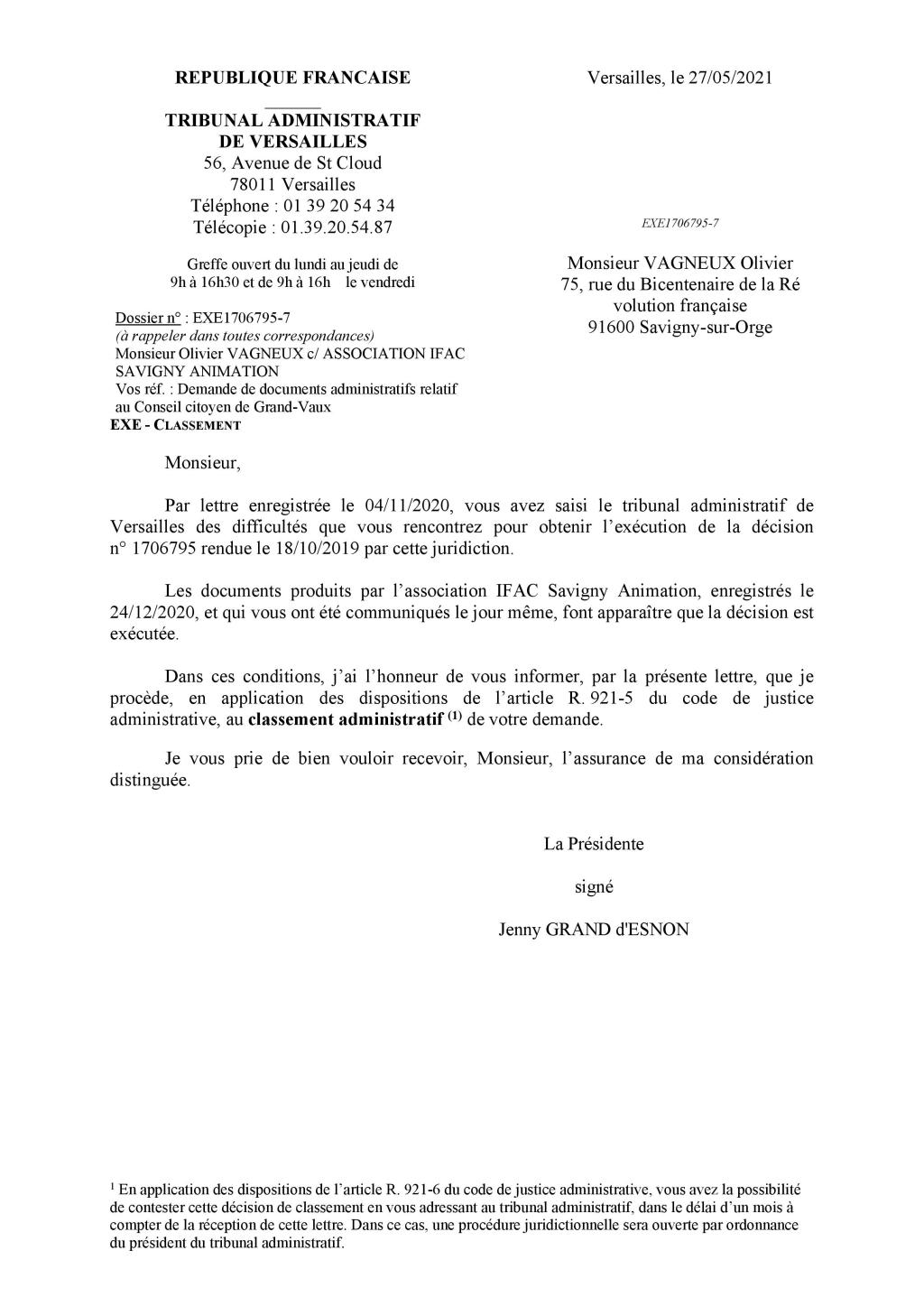 Conseil citoyen de Grand-Vaux : le Tribunal administratif classe sans suite ma demande d&rsquo;exécution du jugement ordonnant communication des productions&nbsp;!