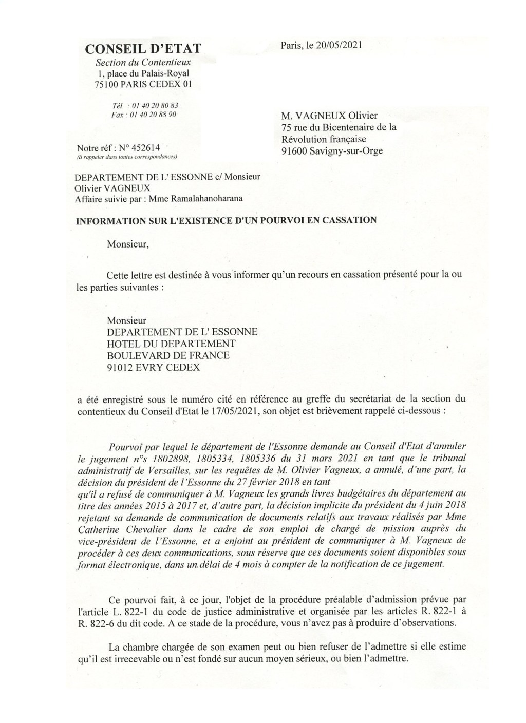 Condamnations du Département de l&rsquo;Essonne obtenues par Olivier VAGNEUX : François DUROVRAY se pourvoit en&nbsp;cassation
