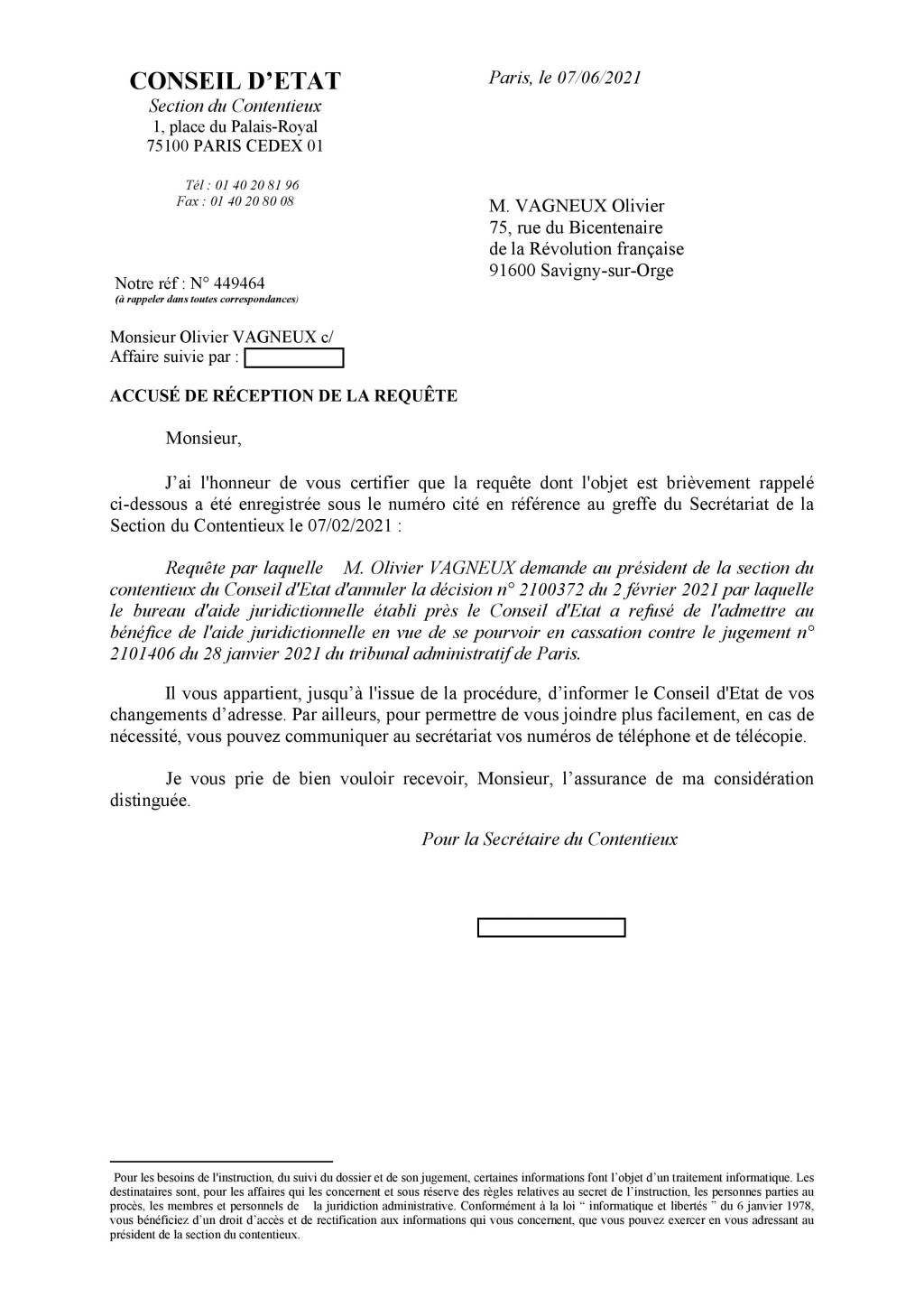 Amusant, le Conseil d&rsquo;État qui accuse réception d&rsquo;une requête quatre mois après son envoi ; pile quand elle devient sans&nbsp;objet