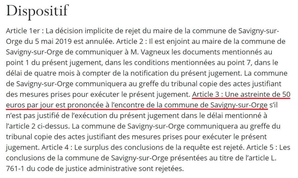 La Commune de Savigny-sur-Orge, condamnée avec une astreinte de 50 euros par jour de retard en cas d&rsquo;inexécution du&nbsp;jugement