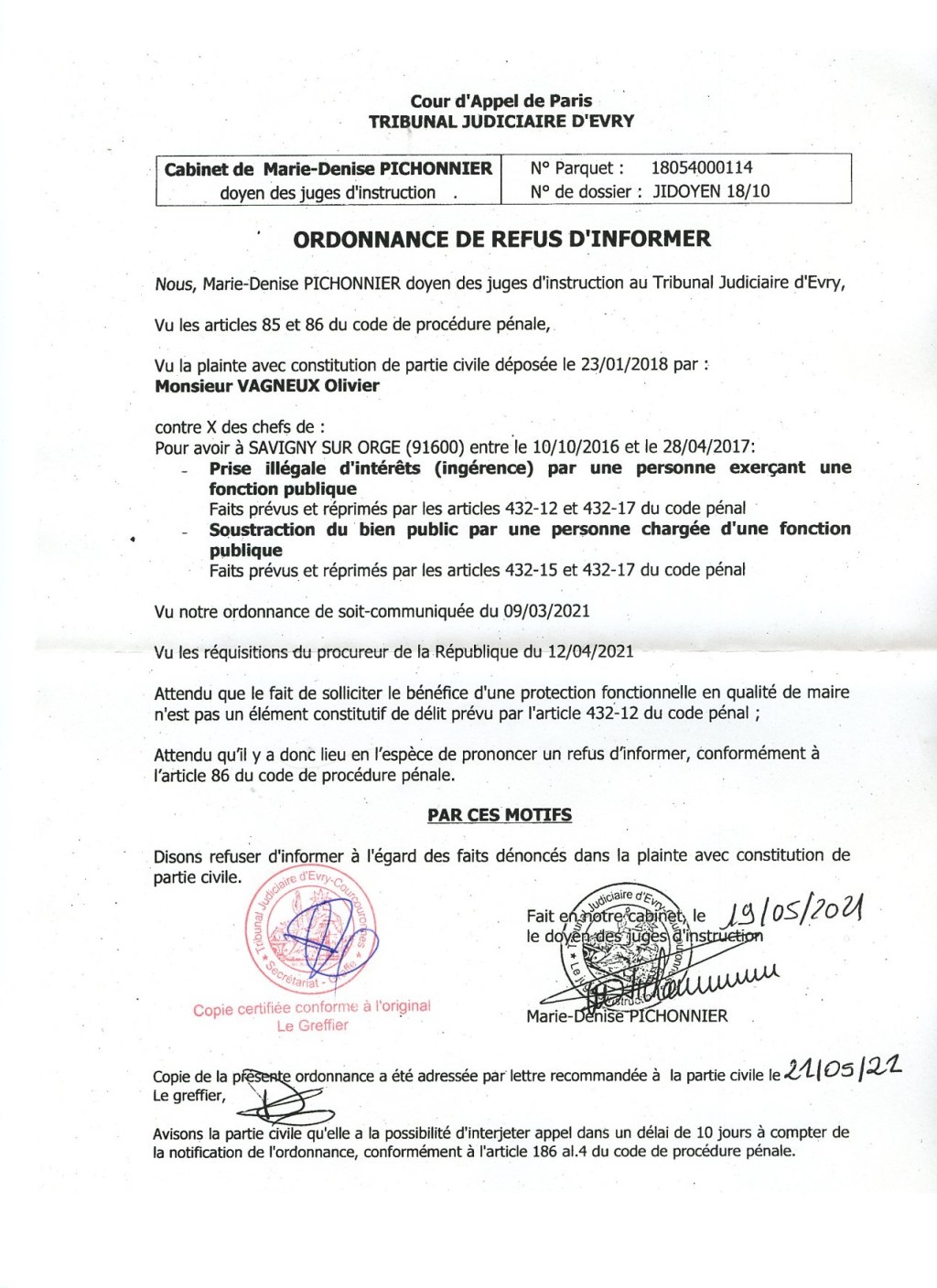La doyenne des juges d&rsquo;instruction du Tribunal judiciaire d&rsquo;Évry-Courcouronnes ne veut désespérément pas instruire contre Éric&nbsp;MEHLHORN…