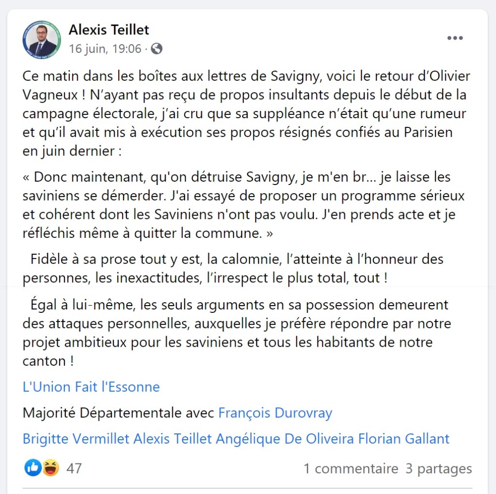 Libre réponse à Alexis TEILLET, arrivé 4e sur 5 sur Savigny au premier tour des élections départementales&nbsp;2021