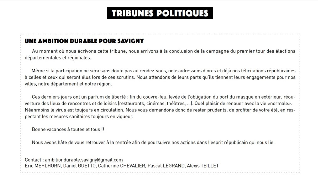 Sur la tribune politique du groupe « Une ambition durable pour Savigny » de juillet&nbsp;2021