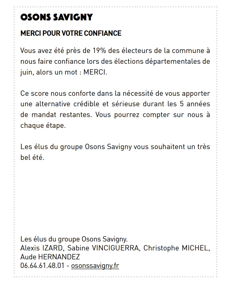 Sur la tribune politique du groupe « Osons Savigny » dans le Mag de juillet&nbsp;2021
