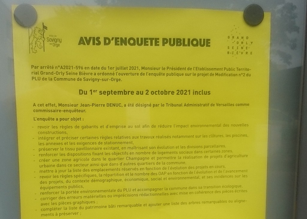 L&rsquo;enquête publique pour la modification no 2 du Plan local d&rsquo;urbanisme de Savigny-sur-Orge aura lieu du 1er septembre au 2 octobre&nbsp;2021