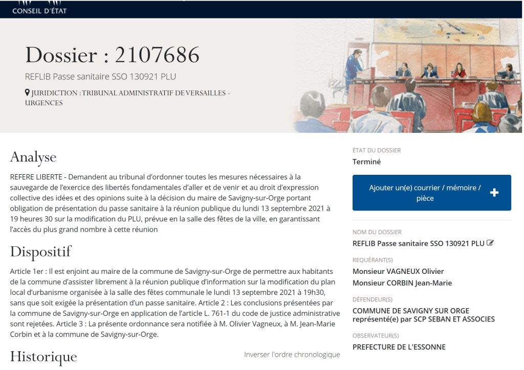 Jean-Marie CORBIN et Olivier VAGNEUX obtiennent l&rsquo;invalidation de l&rsquo;obligation de présentation du passe sanitaire pour la réunion PLU du lundi 13 septembre 2021 à Savigny-sur-Orge