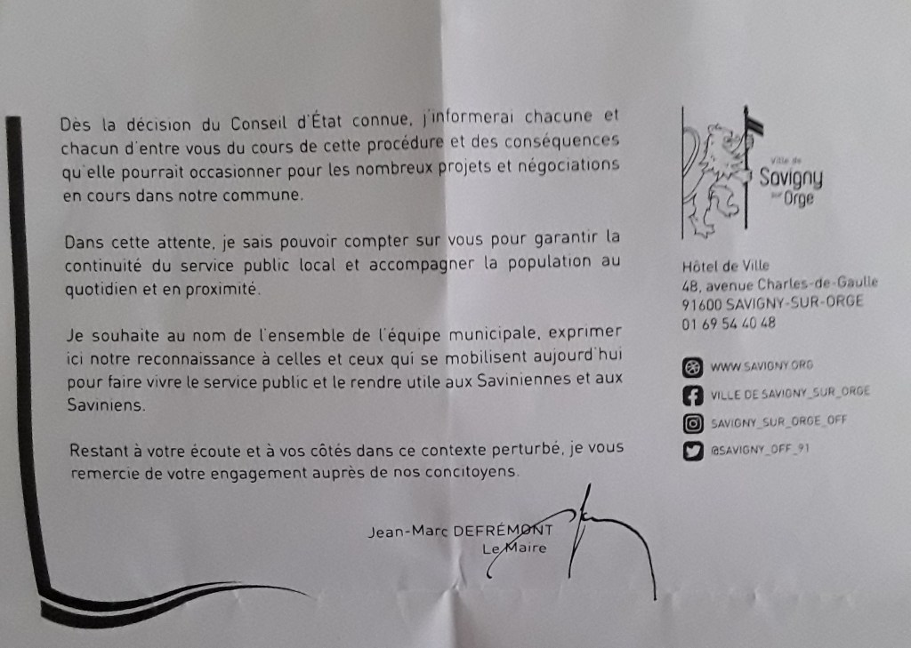 Jean-Marc DEFRÉMONT fait déjà ses adieux au personnel communal de Savigny-sur-Orge
