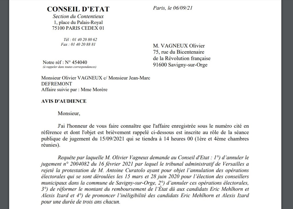 Annulation des municipales 2020 à Savigny-sur-Orge : l&rsquo;audience publique au Conseil d&rsquo;État est prévue le mercredi 15 septembre 2021 à 14 heures&nbsp;00