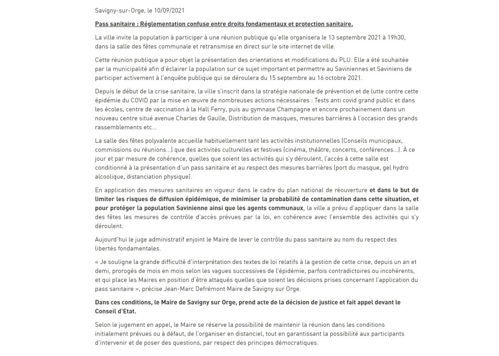 Réaction au communiqué de la Ville de Savigny-sur-Orge suite à l’injonction du juge des référés, faite au maire, de renoncer à exiger le passe sanitaire pour la réunion PLU du 13 septembre&nbsp;2021