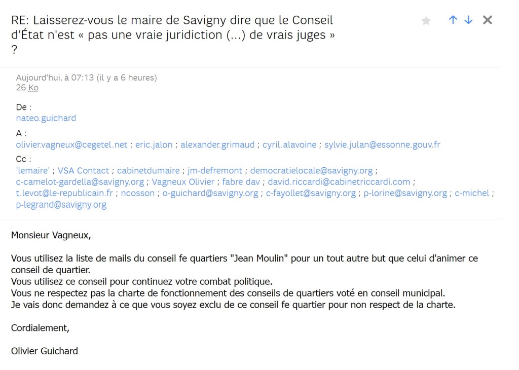 Droit de suite : Olivier GUICHARD ne veut rien de moins que m&rsquo;exclure du comité de quartier pour avoir rapporté les propos du maire sur le Conseil d&rsquo;État, « fausse juridiction « et « faux juges »&nbsp;!