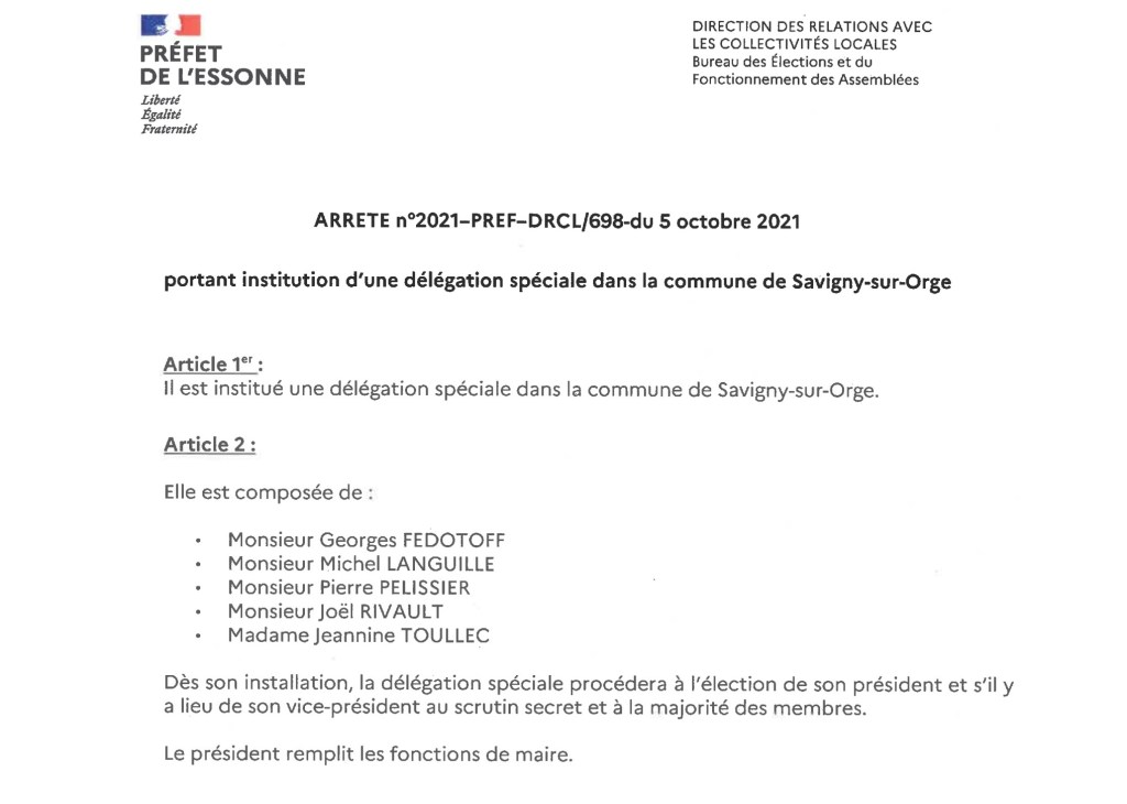 Savigny-sur-Orge : Pierre PELISSIER, élu président de la délégation spéciale qui va administrer la Commune ; Jeannine TOULLEC élue&nbsp;vice-présidente