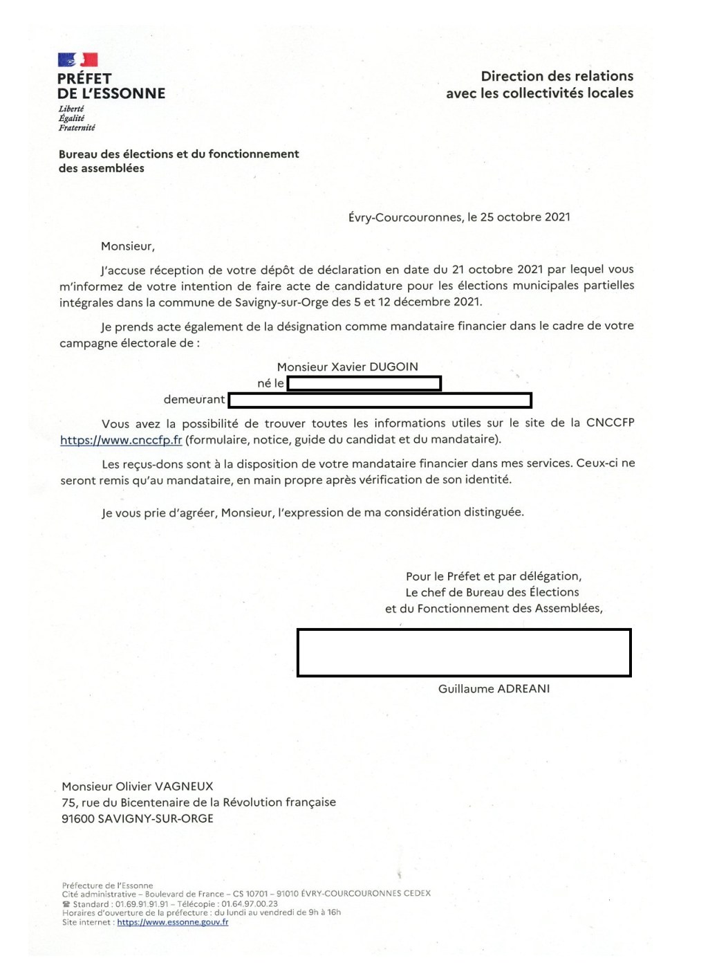 Municipale 2021 à Savigny-sur-Orge : Olivier VAGNEUX a déclaré son mandataire&nbsp;financier