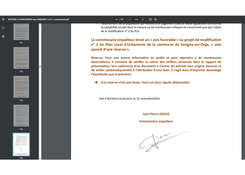 Modification numéro 2 du Plan local d&rsquo;urbanisme de Savigny-sur-Orge : le commissaire enquêteur conditionne son avis favorable à la réserve des chiffres dénoncés par Olivier&nbsp;VAGNEUX