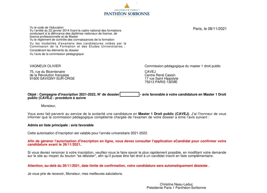 Olivier VAGNEUX admis en première année de Master de droit public et de droit privé&nbsp;!