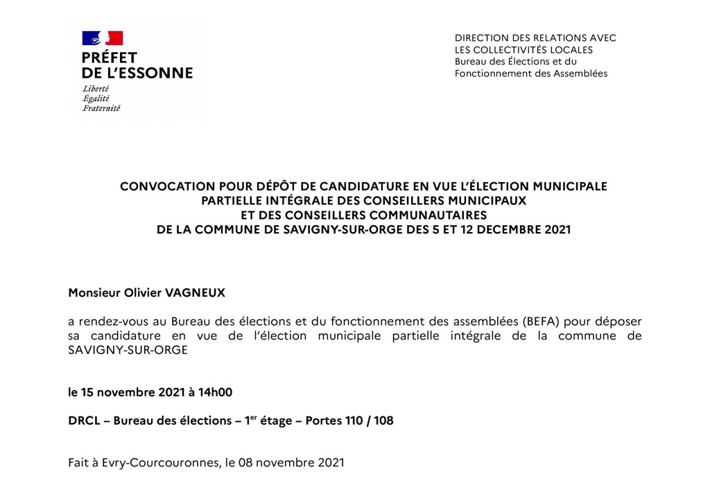 Municipale 2021 à Savigny-sur-Orge : Olivier VAGNEUX est convoqué en préfecture pour déposer sa&nbsp;liste
