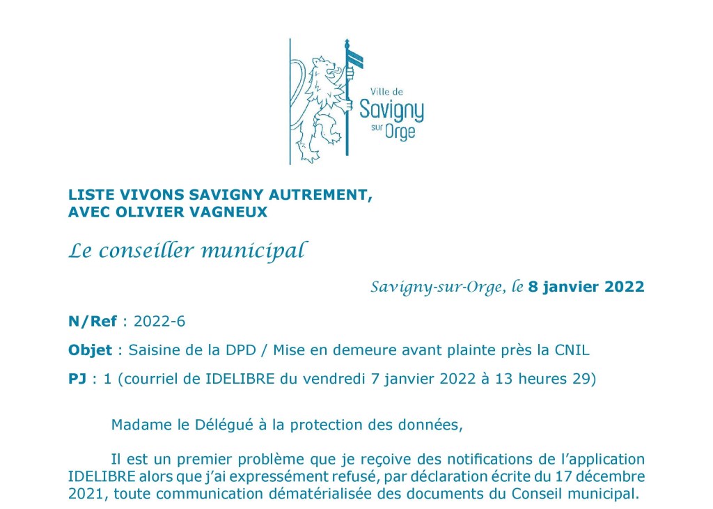 Notre mise en demeure de la déléguée à la protection des données personnelles de la Commune de Savigny-sur-Orge