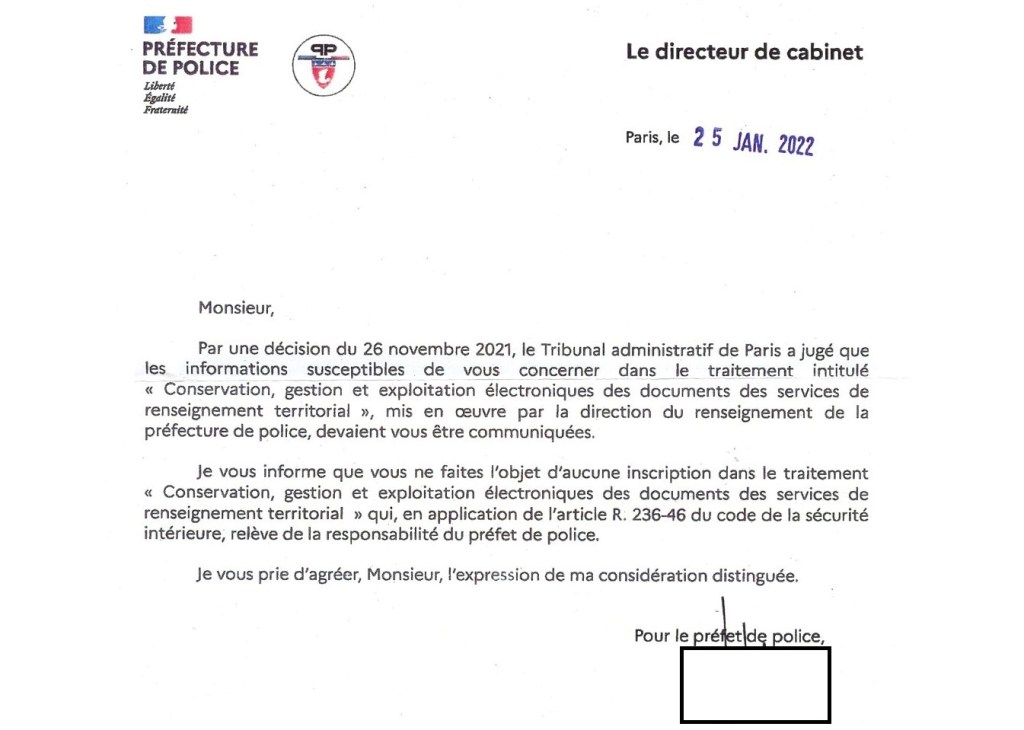Le préfet de police de Paris informe Olivier VAGNEUX qu&rsquo;il ne figure pas dans le fichier « Conservation, gestion et exploitation électroniques des documents des services de renseignement territorial&nbsp;»