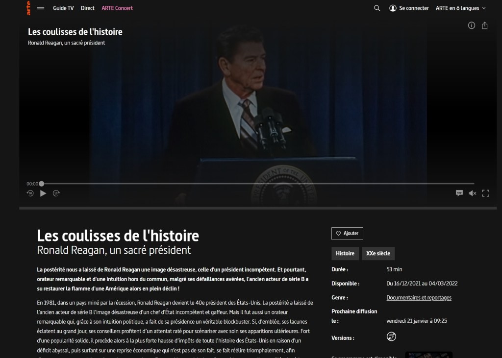 Sur le documentaire « Ronald REAGAN, un sacré président » (Arte, Les coulisses de l&rsquo;Histoire)