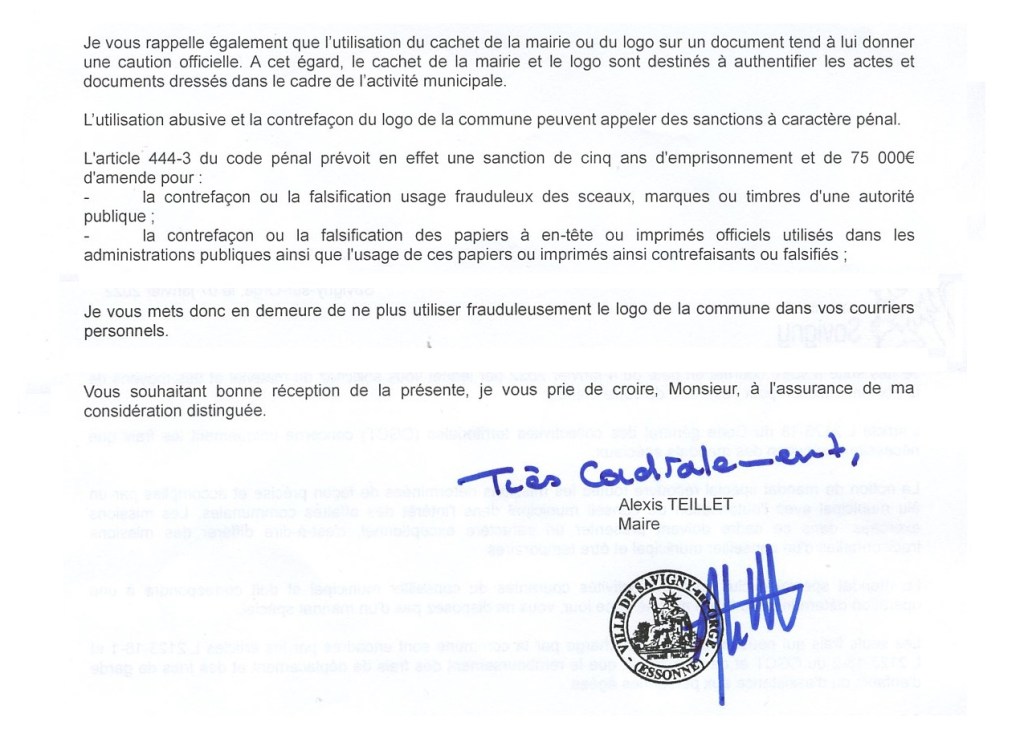 Alexis TEILLET nous met en demeure de cesser d&rsquo;utiliser le logo de la Commune. Heureusement qu&rsquo;il ne sait pas encore que je l&rsquo;utilise même dans mes recours administratifs&nbsp;!