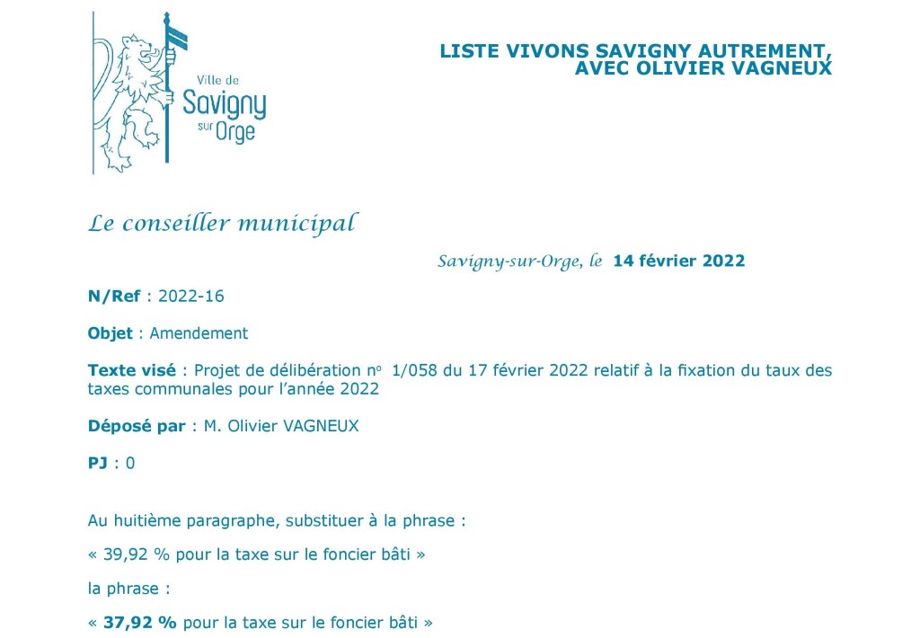 Savigny-sur-Orge : Olivier VAGNEUX propose une diminution autofinancée du taux de taxe foncière sur le bâti de 2 points (à 37,92 %) pour&nbsp;2022