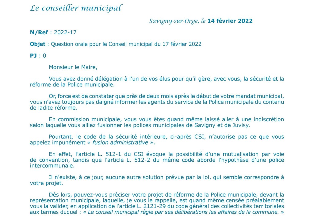 Alexis TEILLET veut fusionner les polices municipales de Savigny-sur-Orge et de Juvisy-sur-Orge !!! Problème, c&rsquo;est illégal en l&rsquo;état&nbsp;!