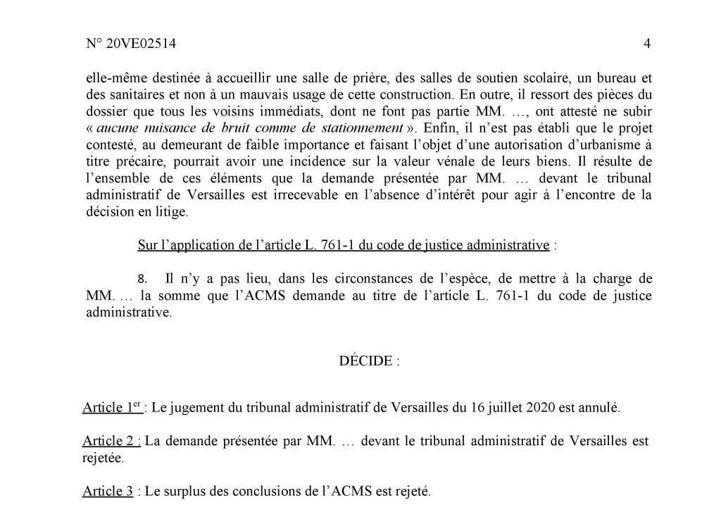 Savigny-sur-Orge : la Cour administrative d&rsquo;appel de Versailles rétablit l&rsquo;arrêté autorisant l&rsquo;extension précaire de la&nbsp;mosquée…
