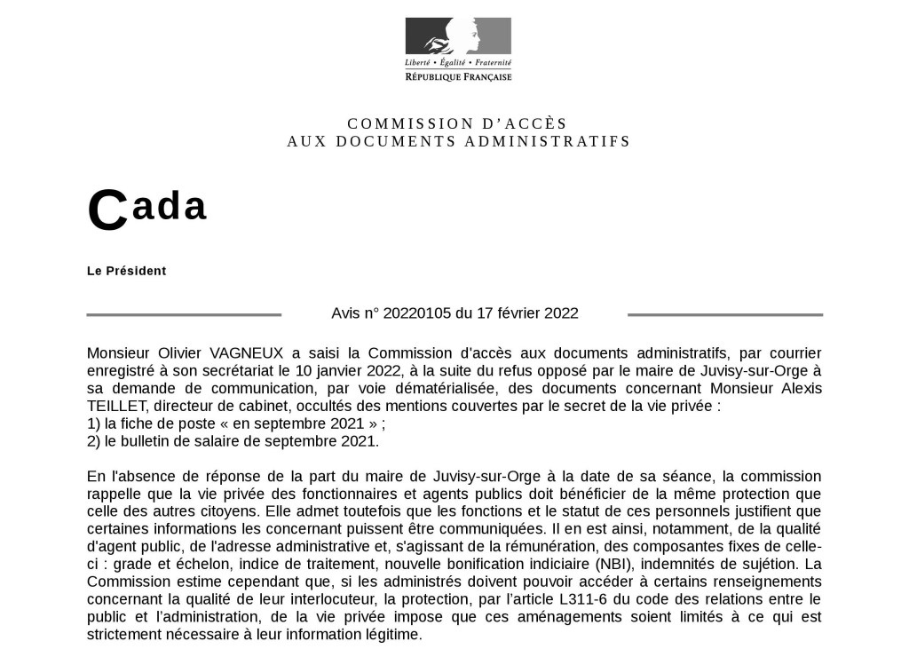 Sans aucune surprise, la Commission d&rsquo;accès aux documents administratifs déclare communicable le bulletin de paie d&rsquo;Alexis TEILLET, directeur de cabinet du maire de&nbsp;Juvisy