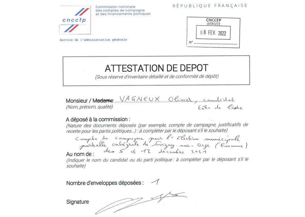 Municipale 2021 à Savigny-sur-Orge : Olivier VAGNEUX a déposé son compte de campagne arrêté à 20 157 euros en dépenses et en&nbsp;recettes