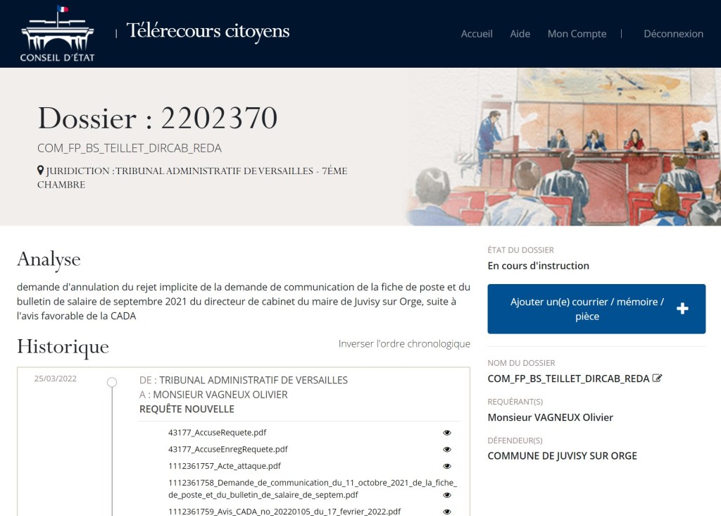 Ma requête pour obtenir la communication de la fiche de poste et du bulletin de salaire d&rsquo;Alexis TEILLET, directeur de cabinet de Lamia&nbsp;REDA