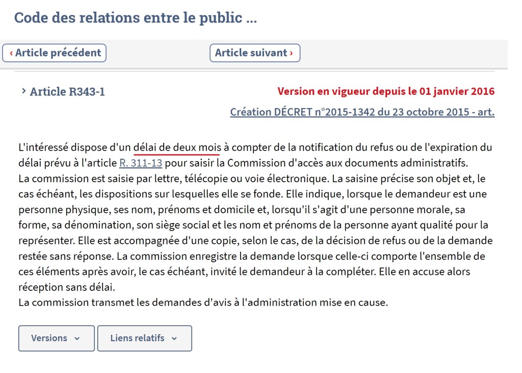 Le délai prescrit à l&rsquo;article R. 343-1 du CRPA est un délai non franc / le délai de saisine de la CADA n&rsquo;est pas un délai&nbsp;franc