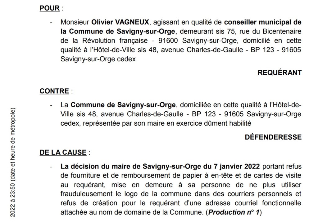 Nouvelle requête contre le refus du maire de Savigny-sur-Orge de me fournir cartes de visite, papier à en-tête et adresse courriel&nbsp;fonctionnelle